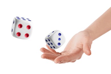 Image of Man throwing dice on white background, closeup