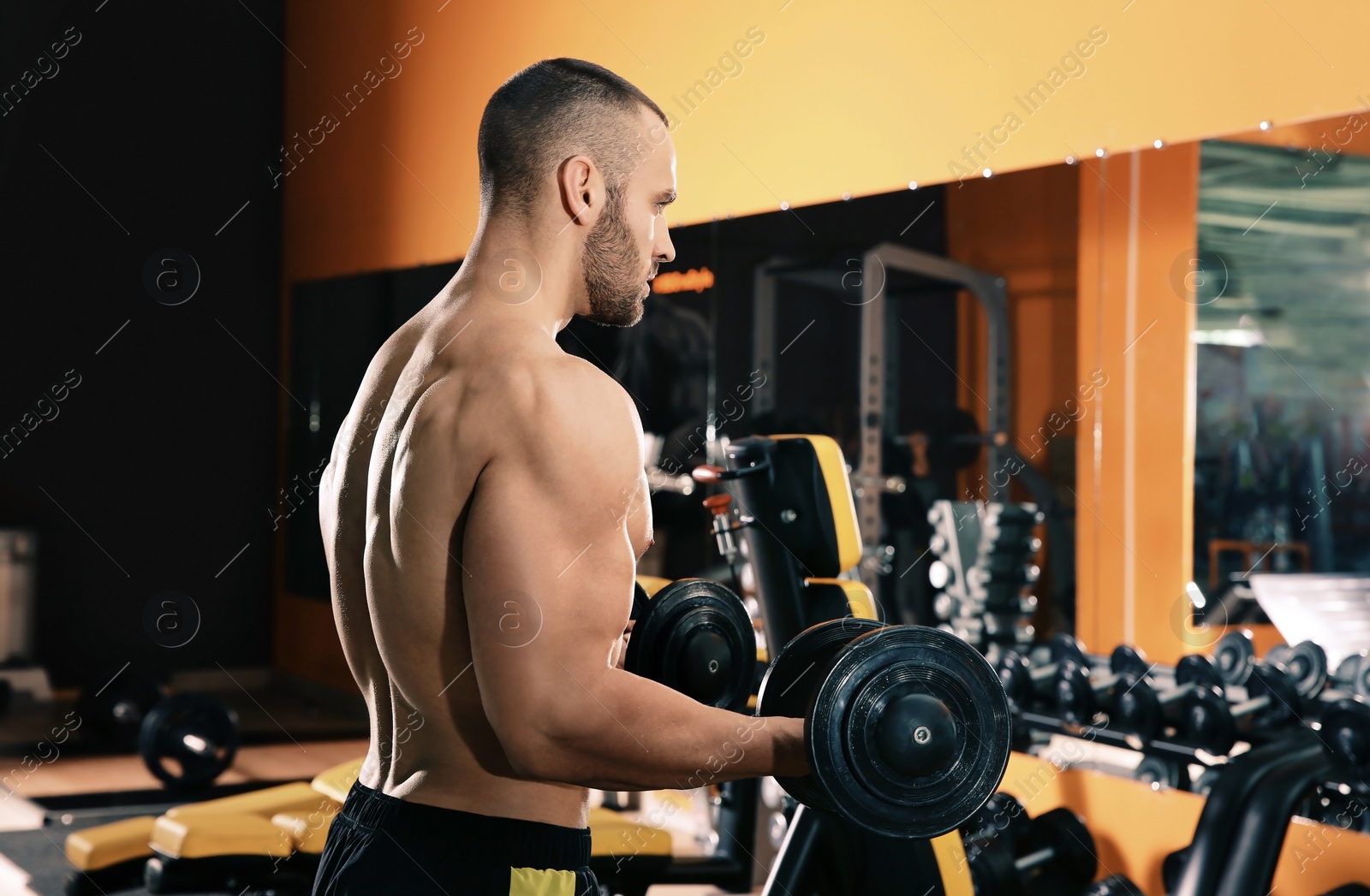 Photo of Strong young man lifting dumbbells in gym
