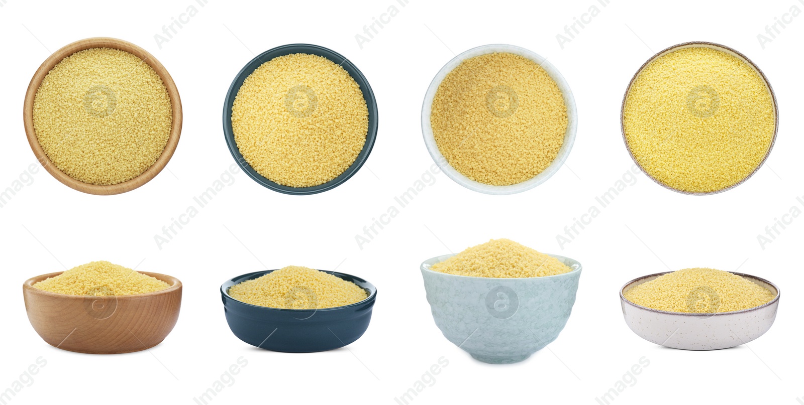 Image of Collage with raw couscous in different bowls on white background, top and side views