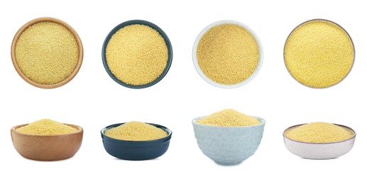 Image of Collage with raw couscous in different bowls on white background, top and side views