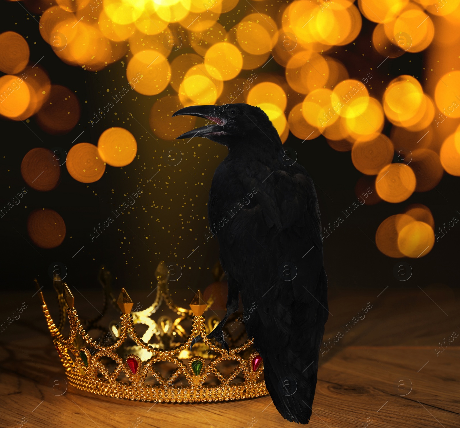 Image of Fantasy world. Black crow sitting on golden crown, bokeh effect