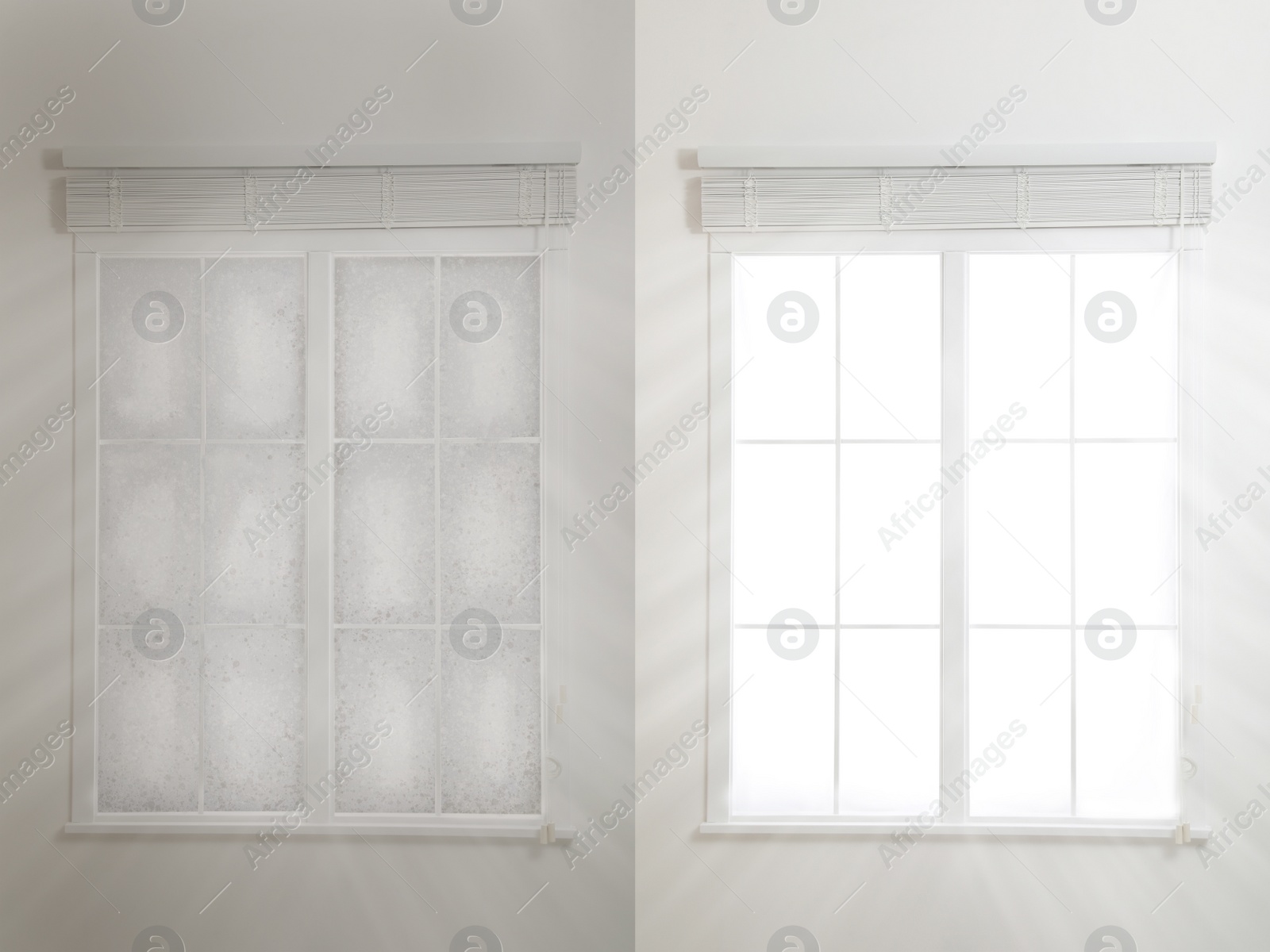 Image of Collage with photos of window before and after cleaning indoors