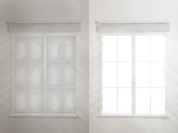 Image of Collage with photos of window before and after cleaning indoors