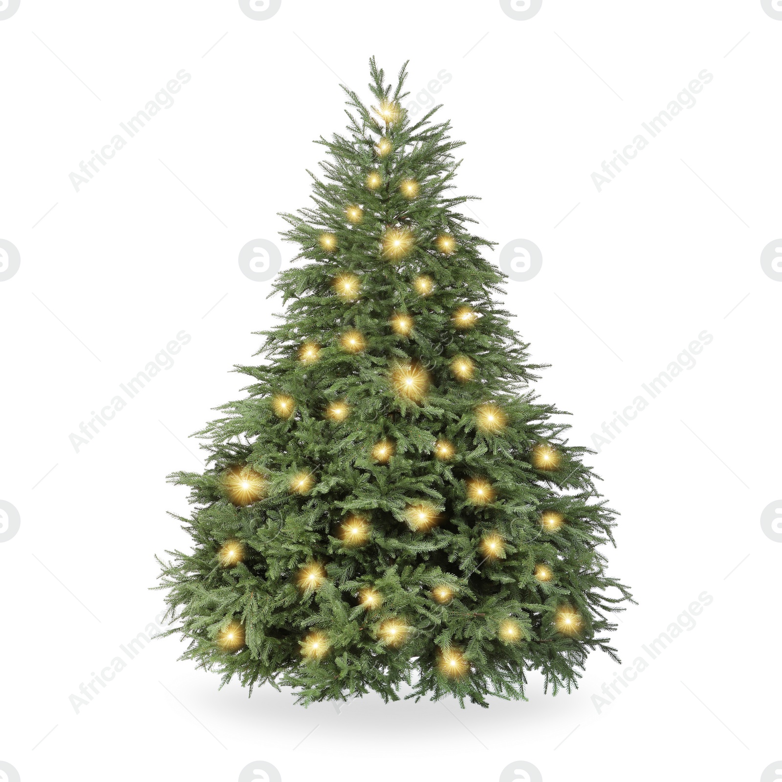 Image of Christmas tree decorated and festive lights isolated on white