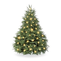 Image of Christmas tree decorated and festive lights isolated on white