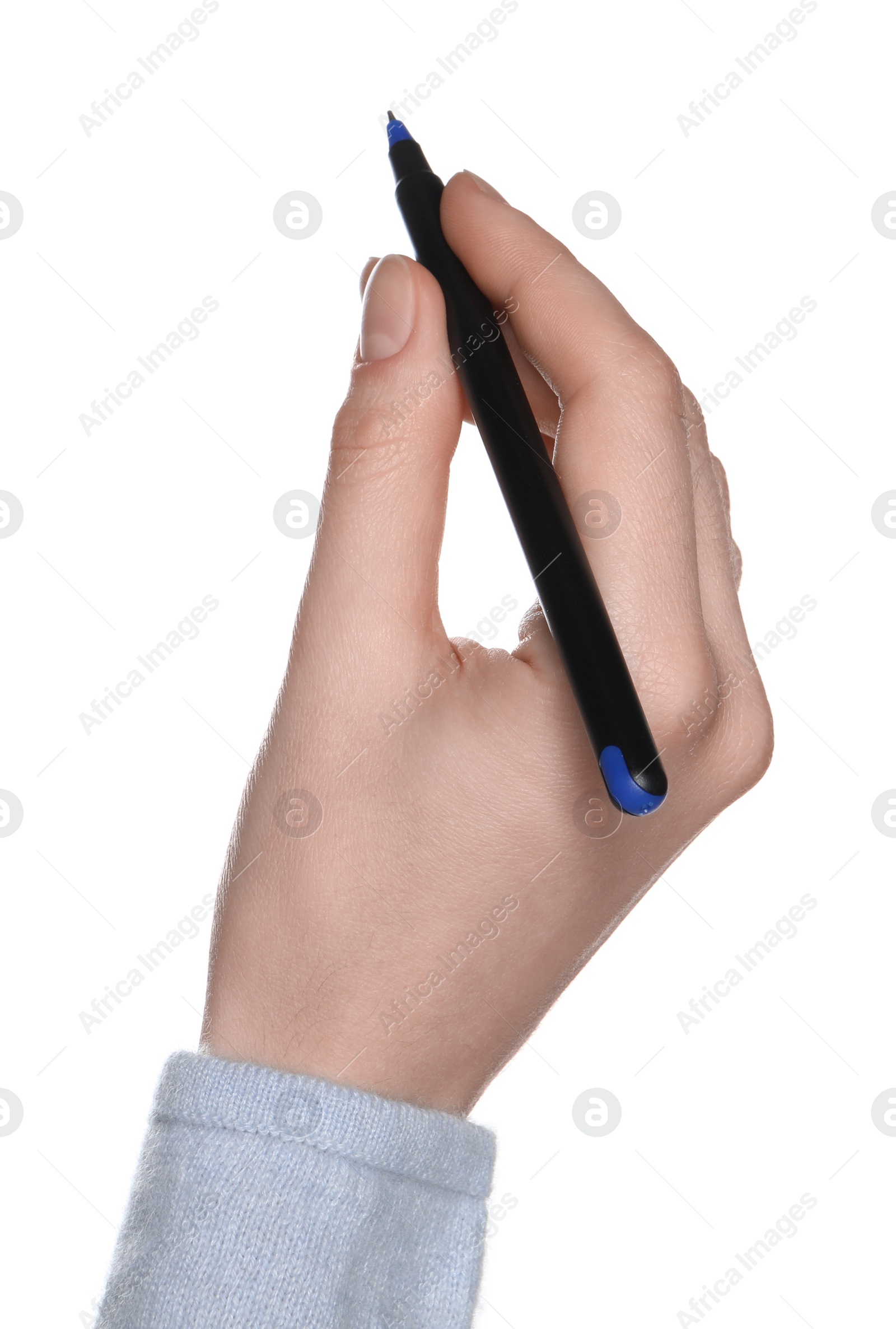 Photo of Woman holding pen on white background, closeup of hand