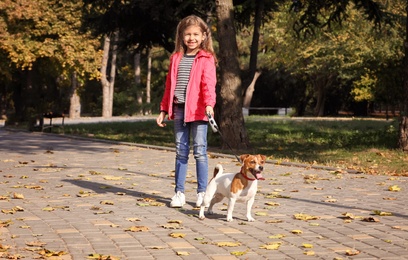 Photo of Cute little girl with her pet in park. Autumn walk