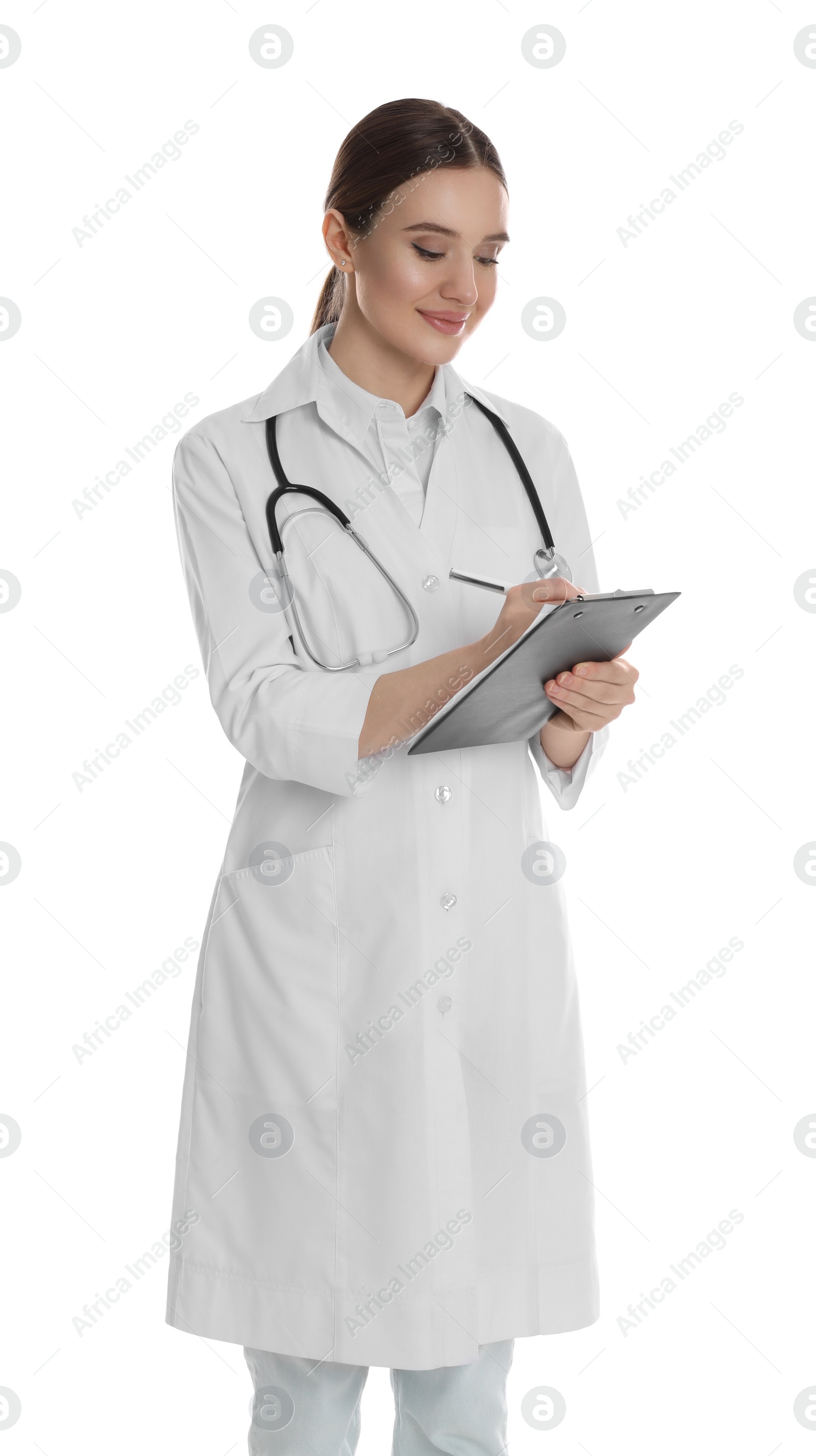 Photo of Doctor with clipboard and stethoscope on white background