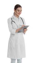 Doctor with clipboard and stethoscope on white background