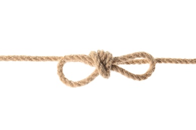 Photo of Hemp rope with bow knot on white background