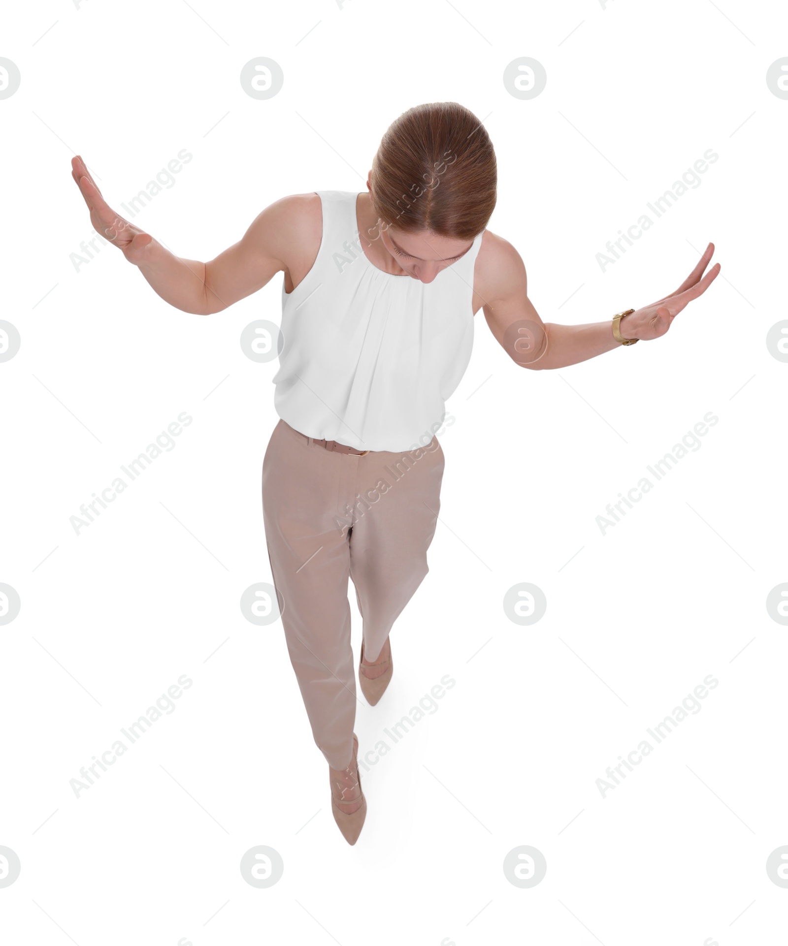 Photo of Businesswoman walking on white background, above view