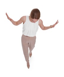 Businesswoman walking on white background, above view