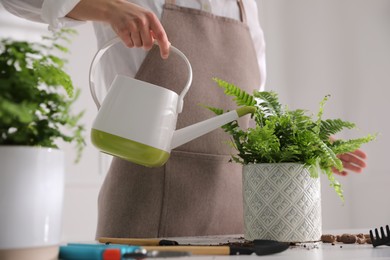 Photo of Woman watering fern at white table indoors, closeup