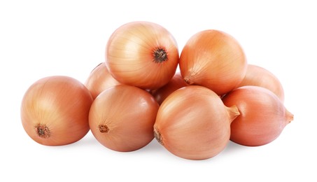 Photo of Pile of tasty fresh onions isolated on white