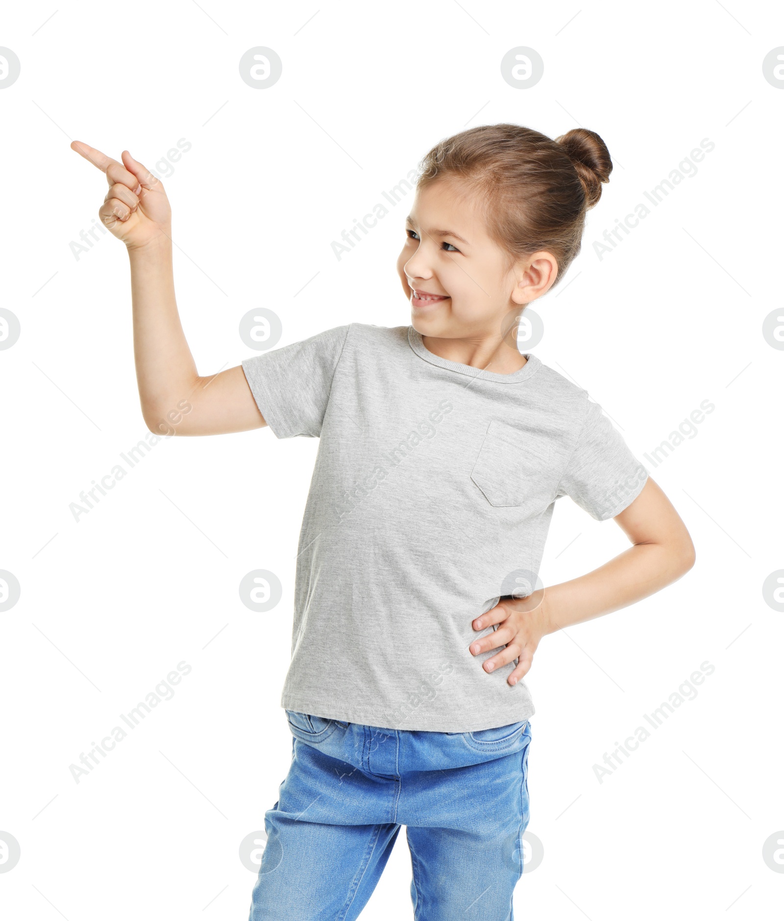 Photo of Little girl in t-shirt on white background. Mockup for design