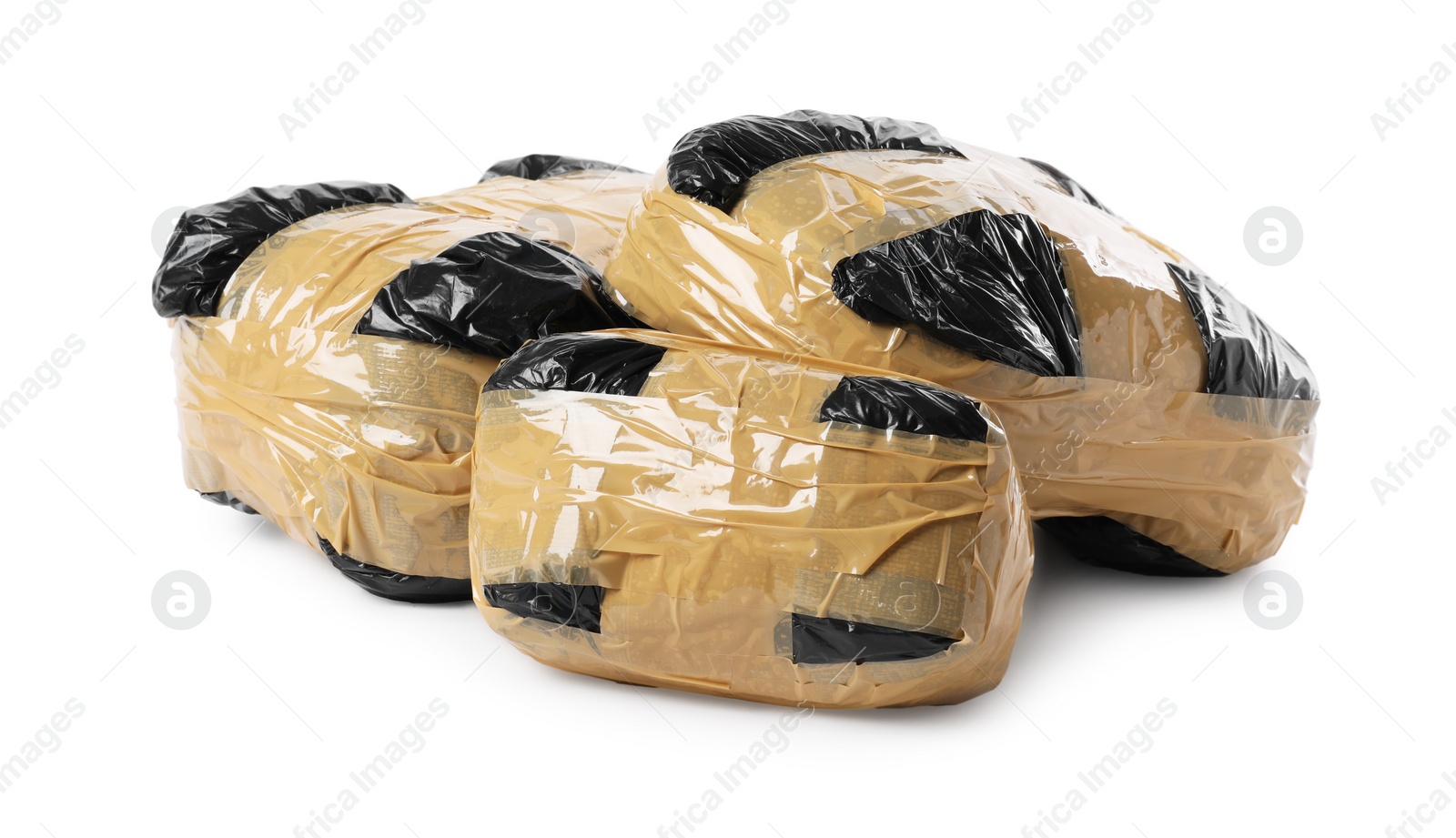 Photo of Packages with narcotics isolated on white. Drug addiction