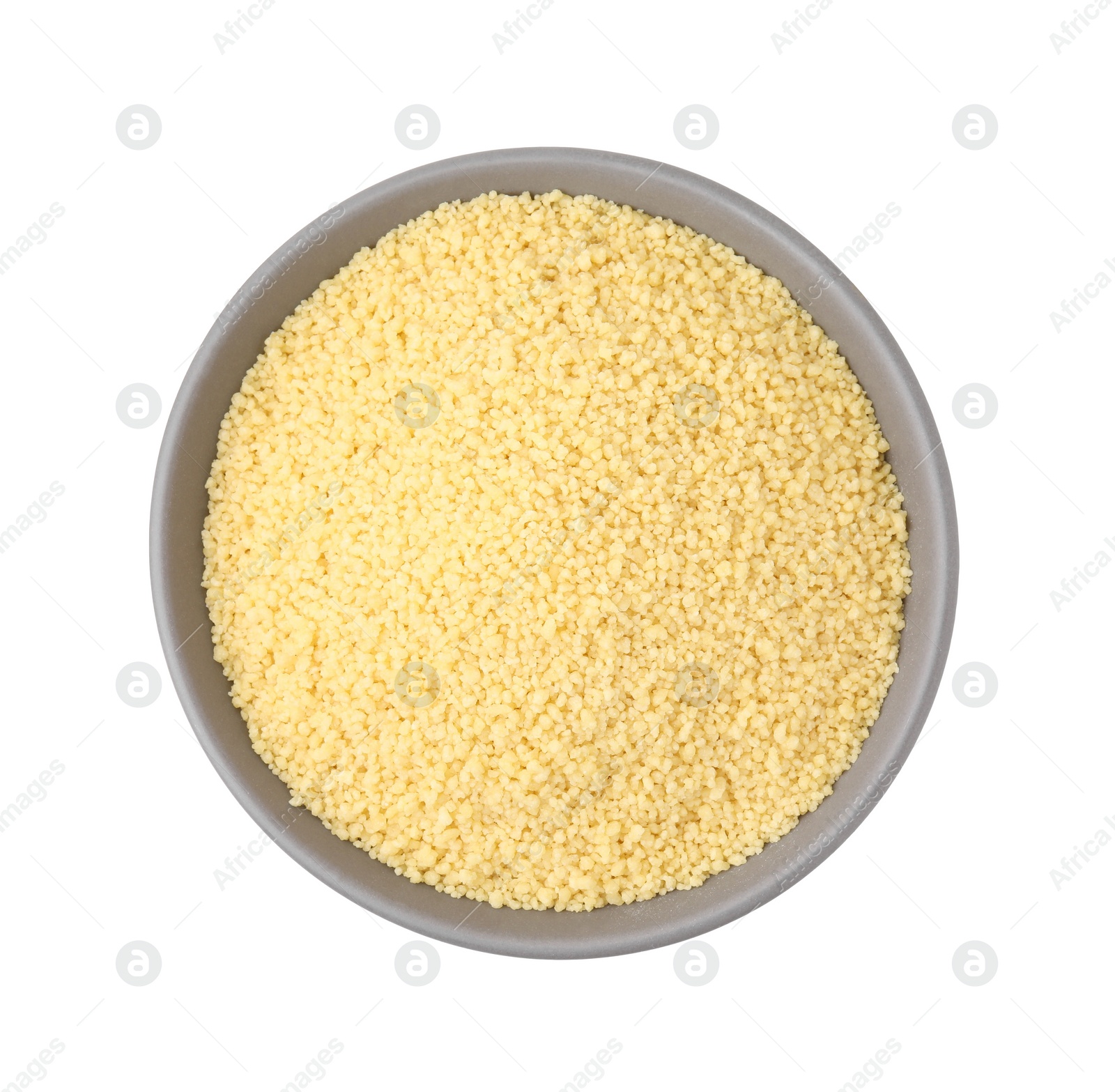 Photo of Raw couscous in bowl isolated on white, top view