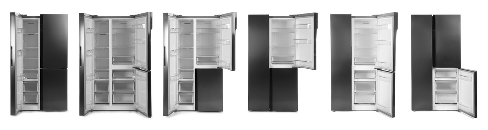 Image of Collage of modern refrigerators on white background