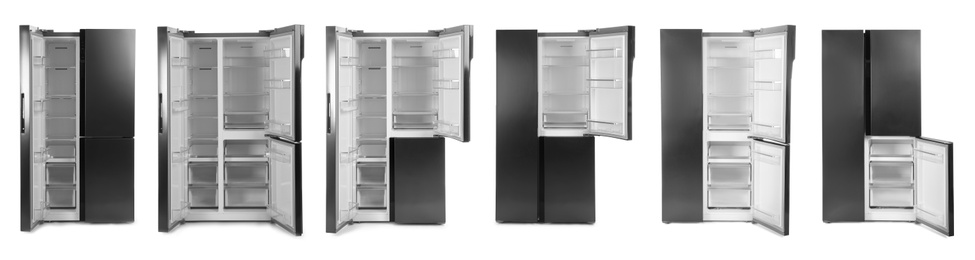 Collage of modern refrigerators on white background