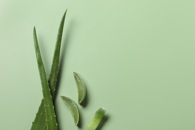 Cut aloe vera leaves on light green background, flat lay. Space for text