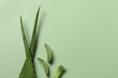 Photo of Cut aloe vera leaves on light green background, flat lay. Space for text