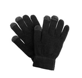 Black woolen gloves on white background, top view. Winter clothes