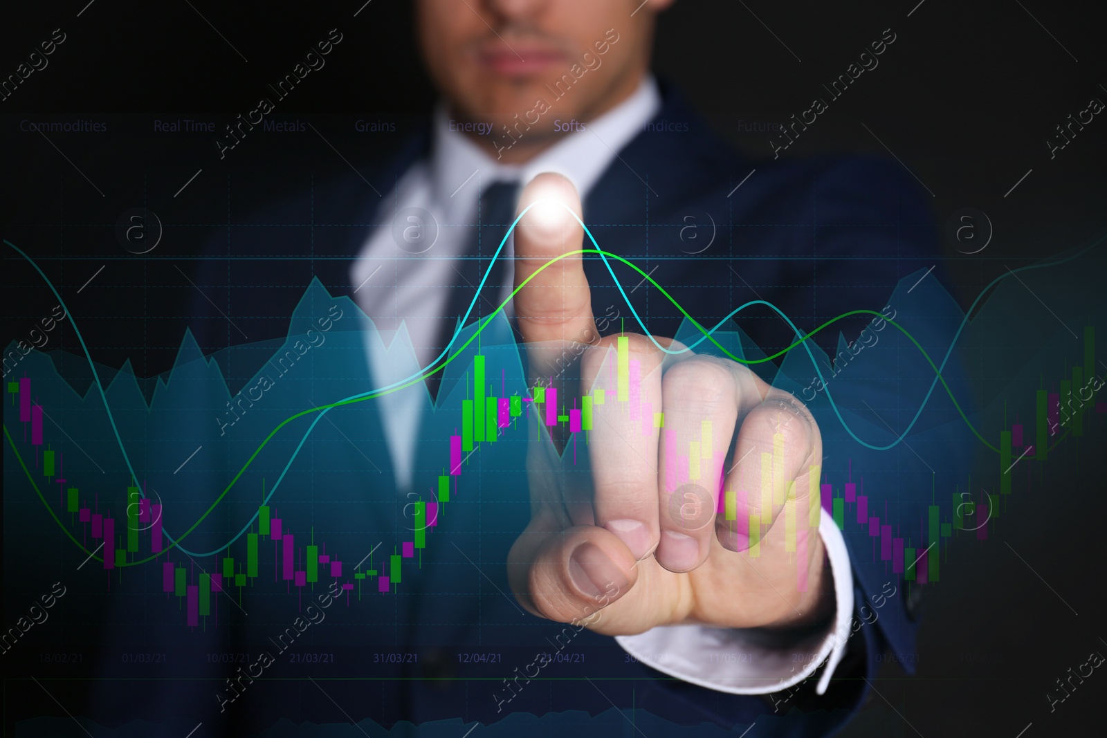 Image of Stock exchange. Businessman pointing at virtual screen electronic online trading platform, closeup