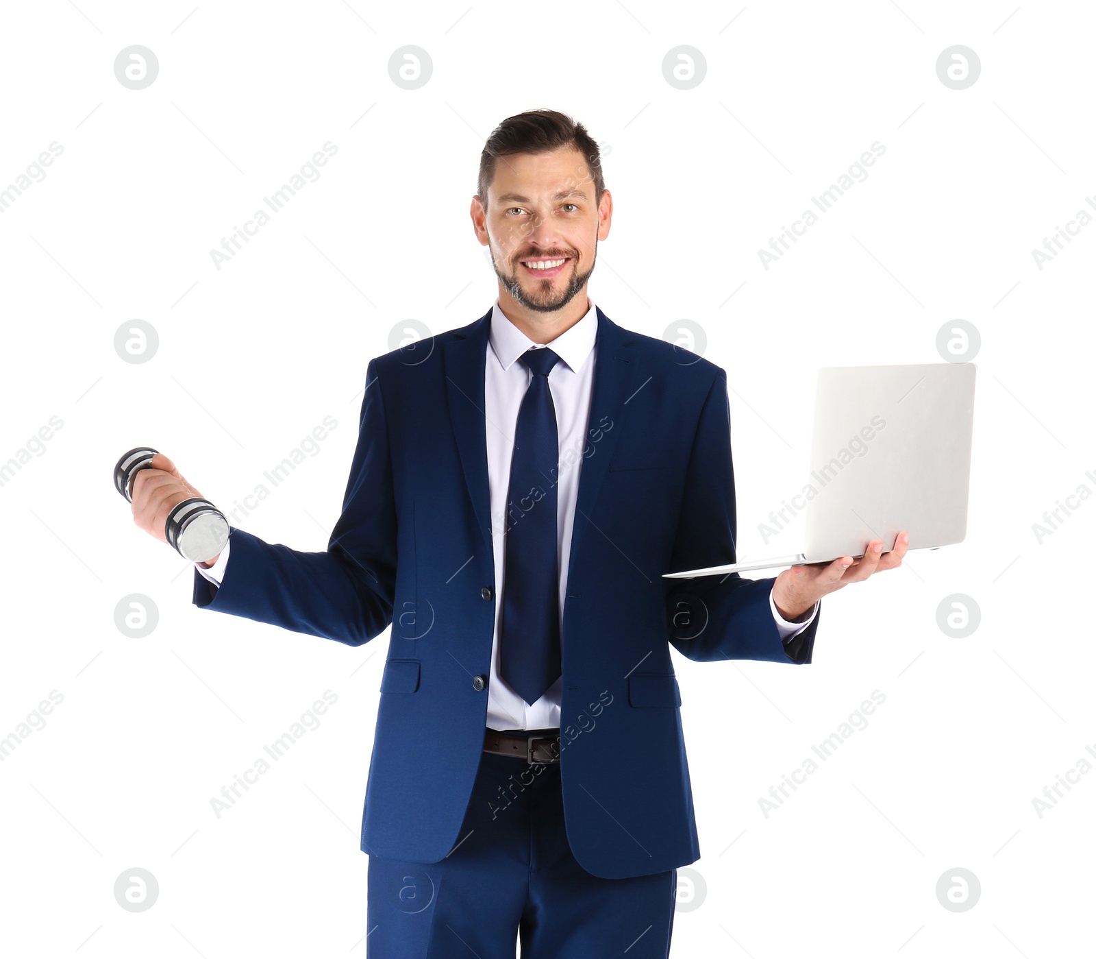 Photo of Portrait of businessman with dumbbell and laptop on white background. Combining life and work
