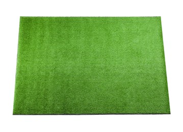 Green artificial grass carpet isolated on white, above view