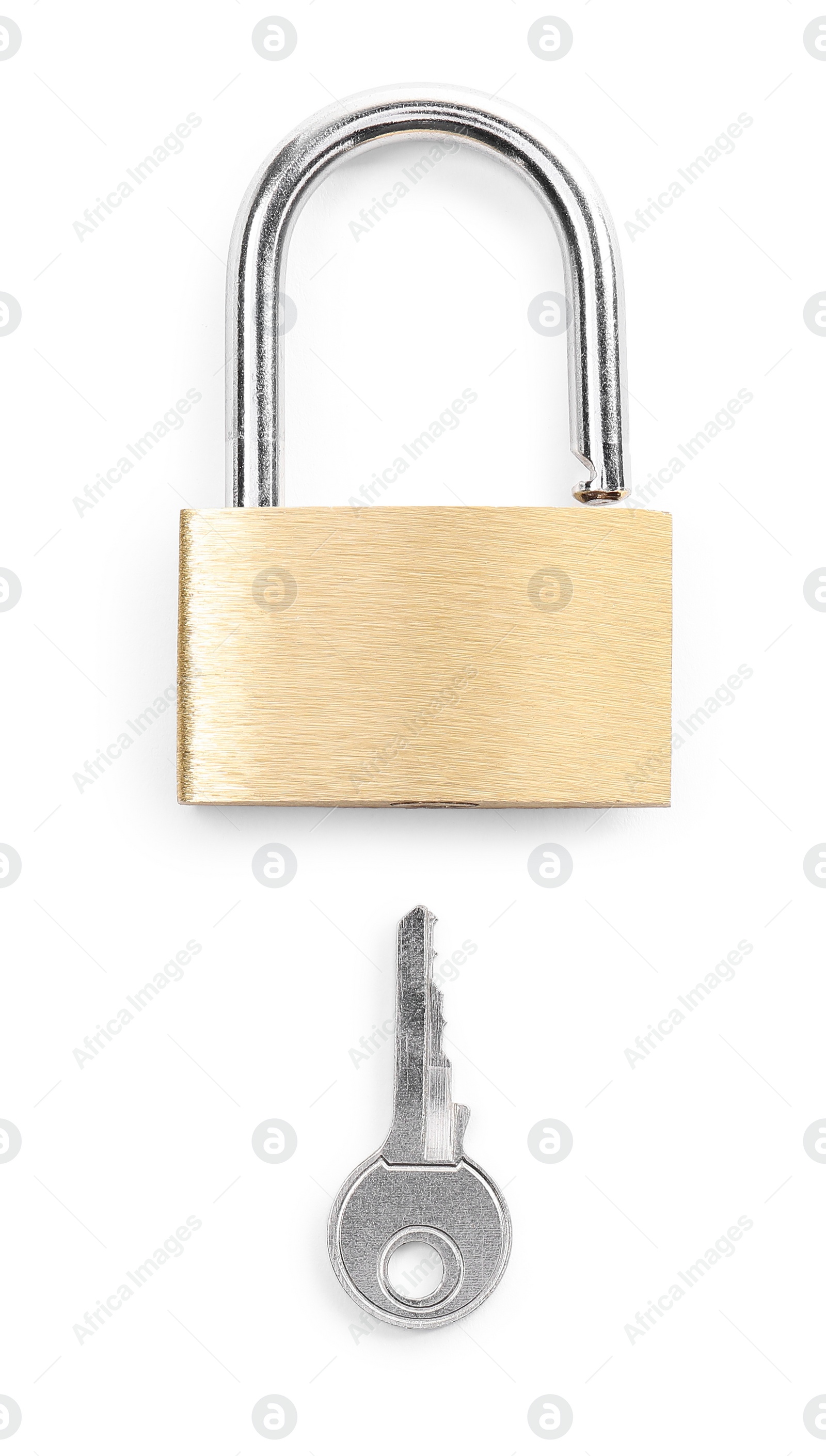 Photo of Steel padlock and key isolated on white, top view