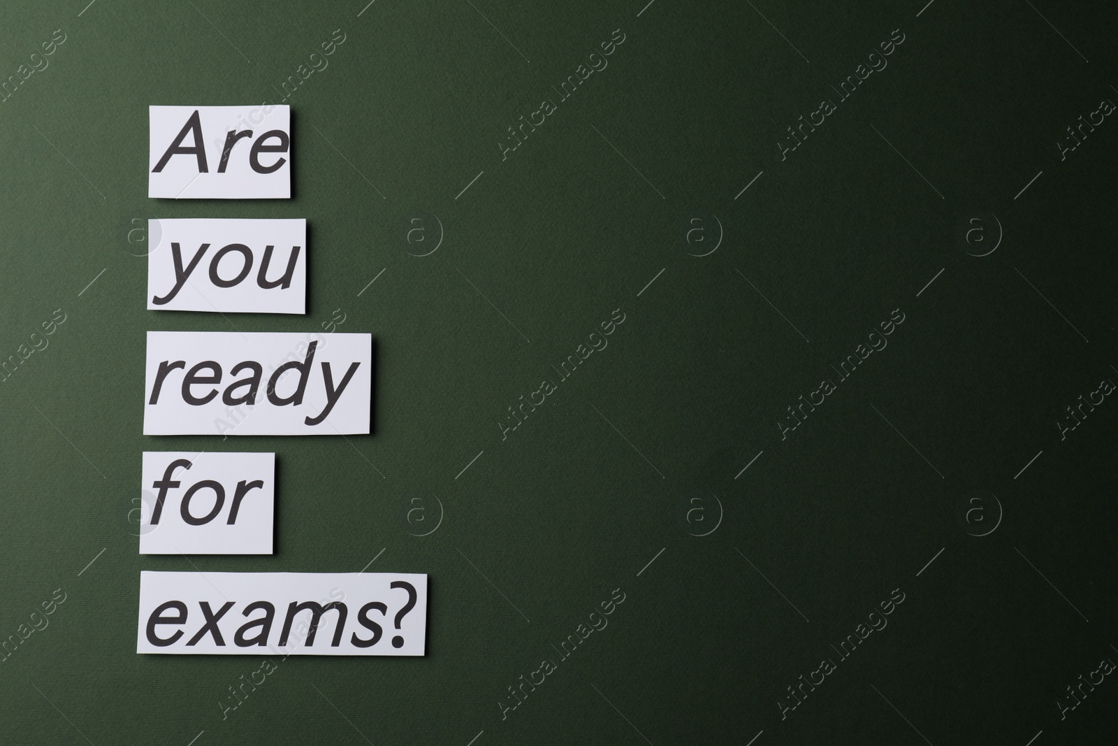 Photo of Notes with words Are you ready for exams on dark green background, space for text