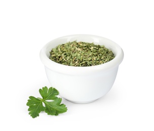Image of Dry parsley in ceramic bowl on white background