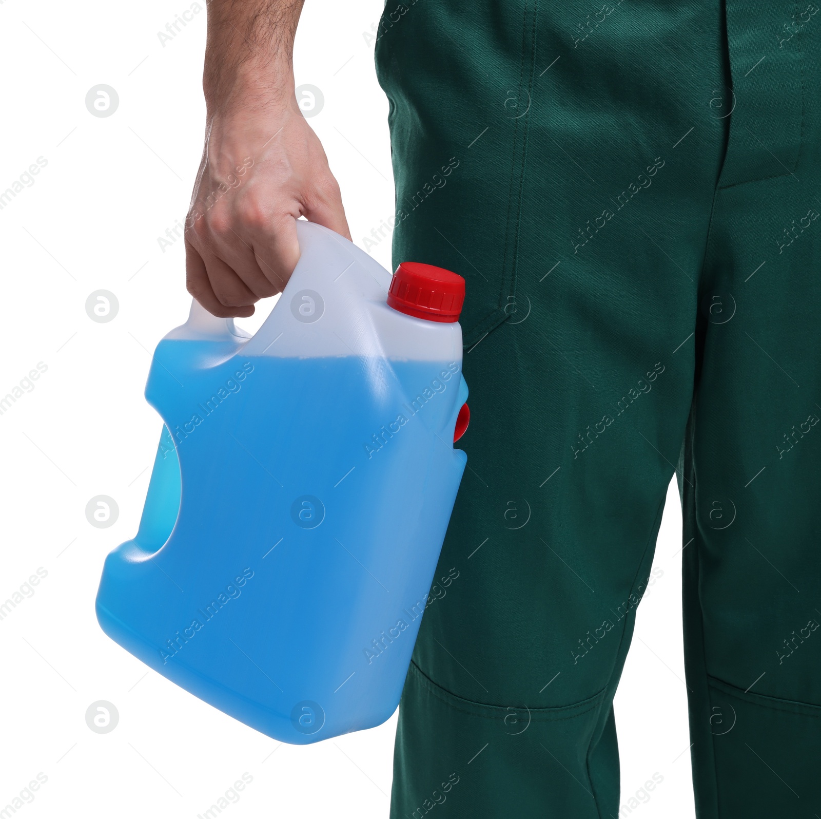 Photo of Man holding canister with blue liquid on white background, closeup