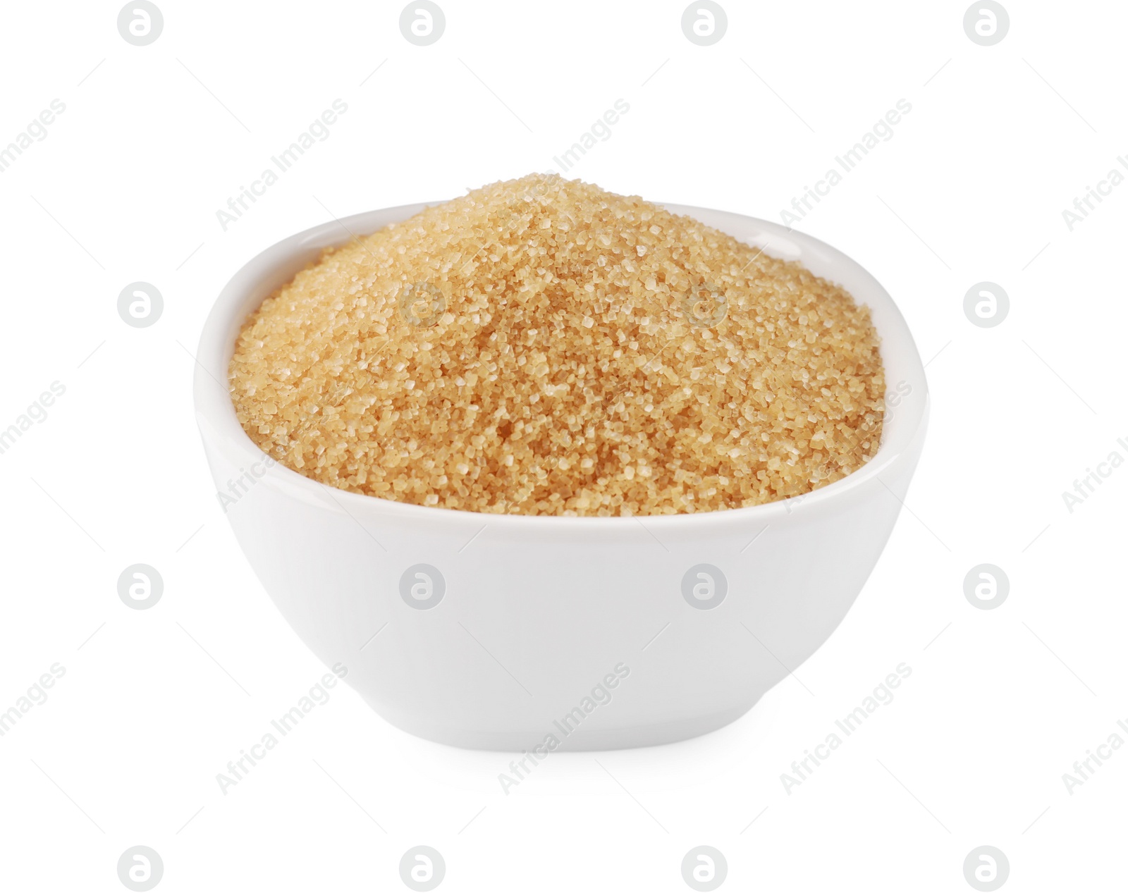 Photo of Bowl of granulated brown sugar isolated on white