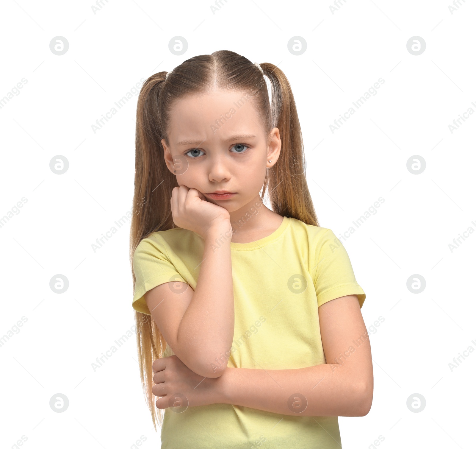 Photo of Portrait of sad girl on white background