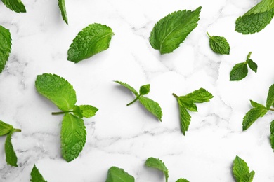 Fresh mint leaves on white marble background, flat lay