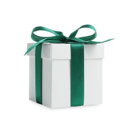 Photo of Christmas gift. Box with green ribbon bow on white background