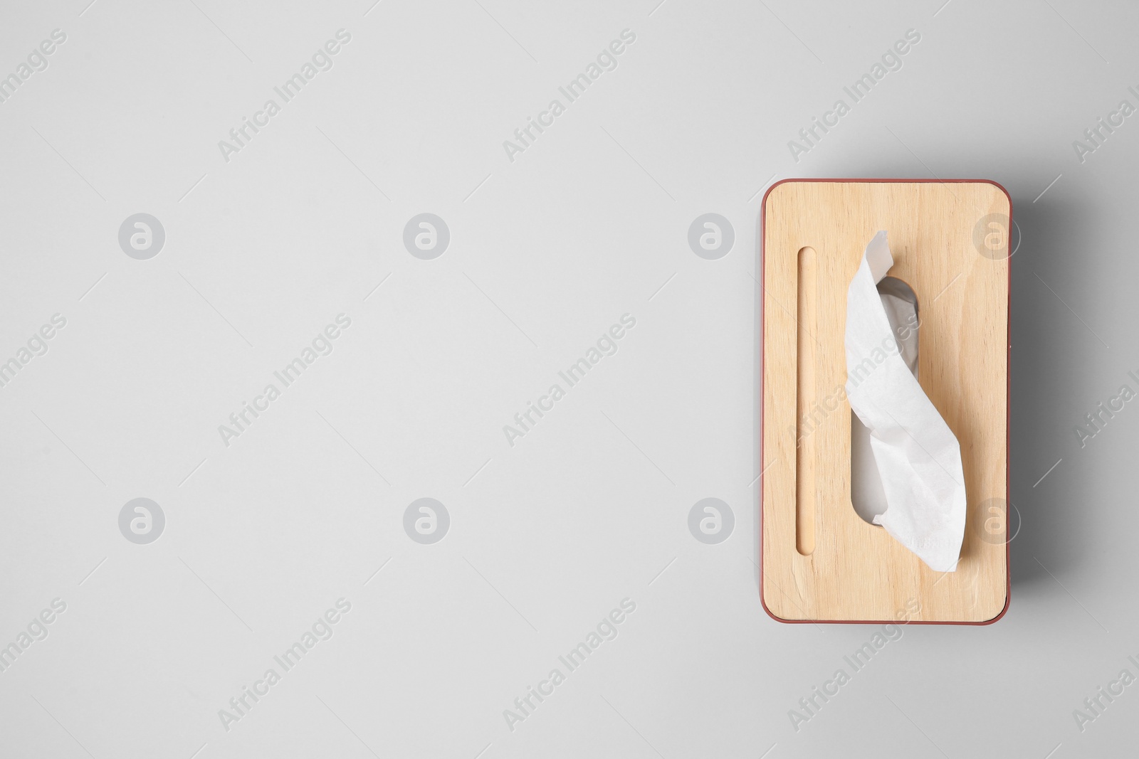 Photo of Holder with paper tissues on light grey background, top view. Space for text