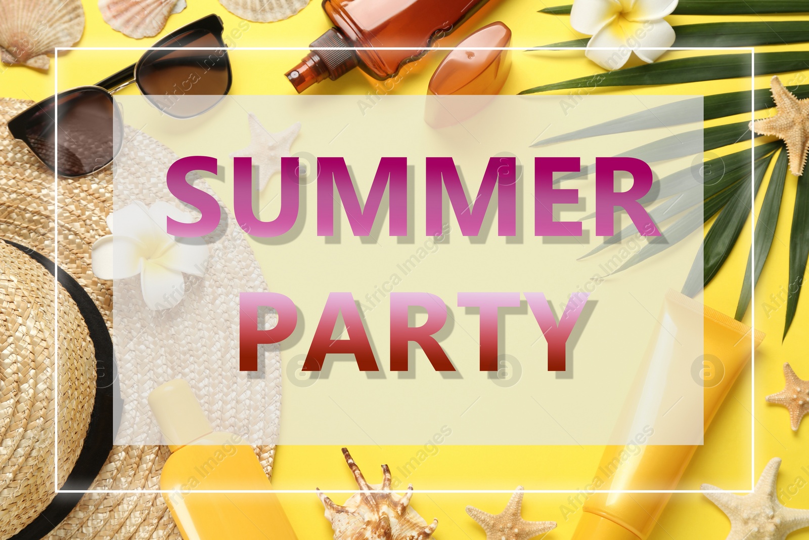 Image of Summer Party. Different beach accessories on yellow background, flat lay