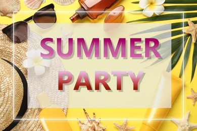 Image of Summer Party. Different beach accessories on yellow background, flat lay