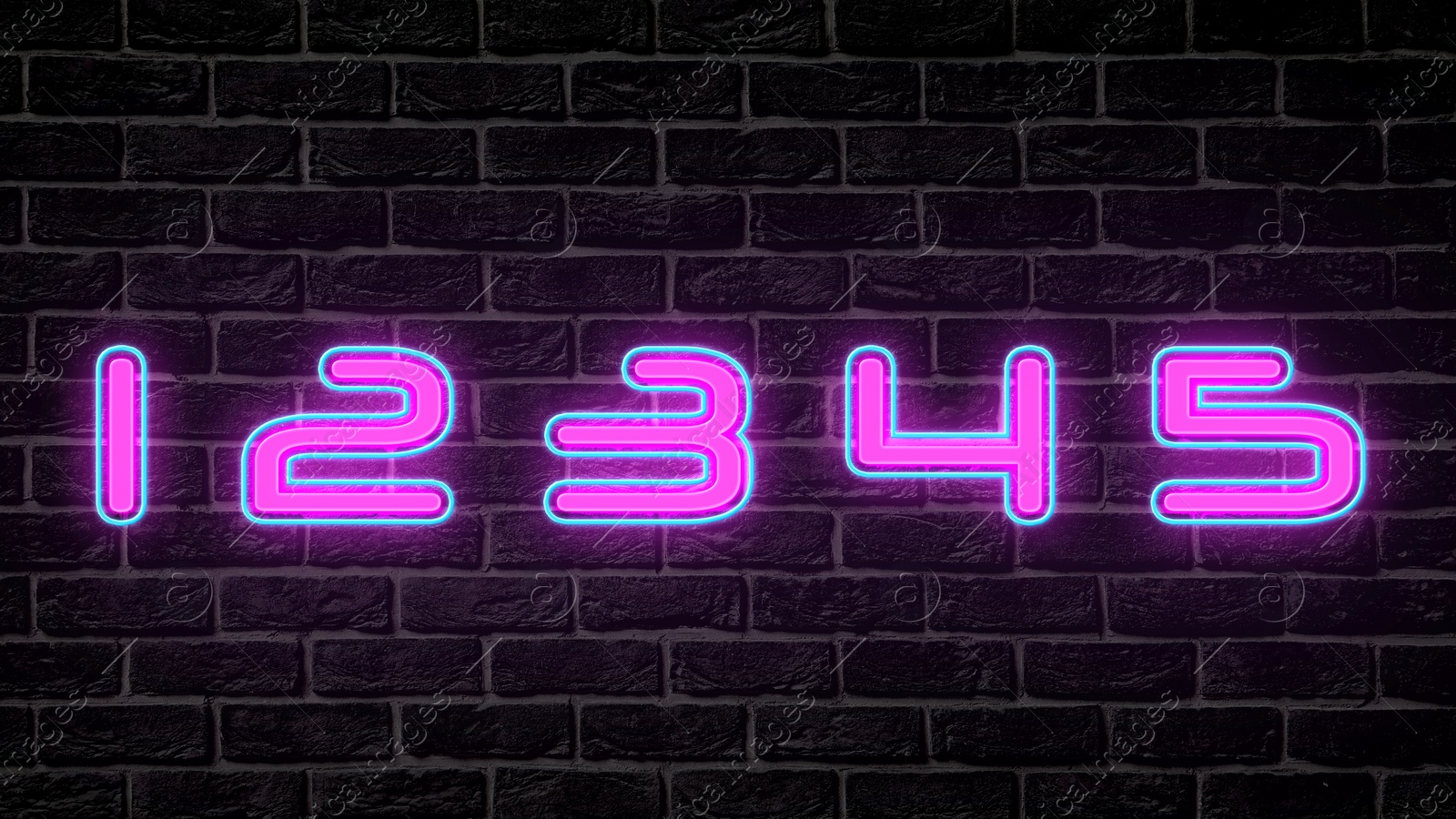 Image of Glowing neon number (1, 2, 3, 4, 5) signs on brick wall