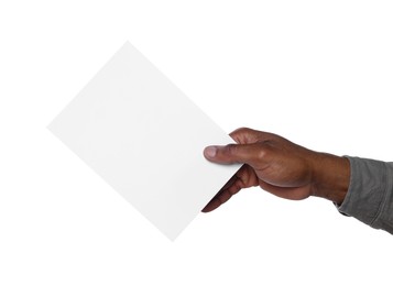 African American man holding sheet of paper on white background, closeup. Mockup for design