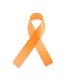 Photo of Orange awareness ribbon isolated on white, top view