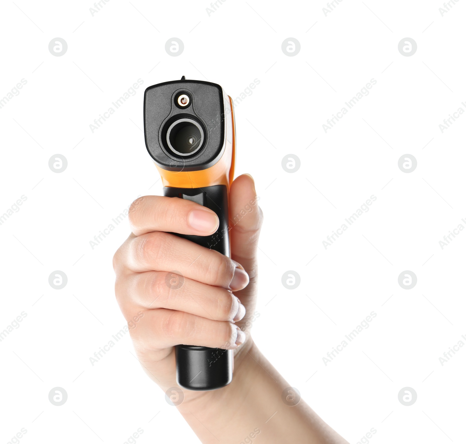 Photo of Woman holding non-contact infrared thermometer on white background, closeup