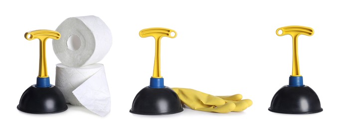 Image of Set with different plungers on white background. Banner design