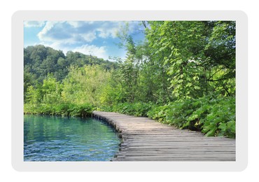 Paper photo. Wooden bridge over river and beautiful view of forest