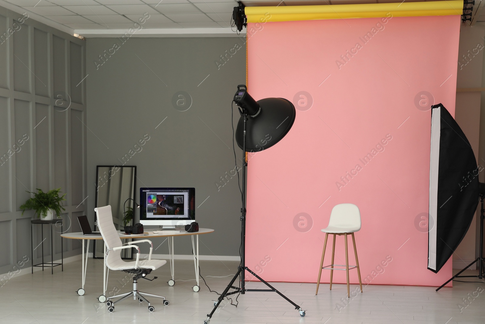 Photo of Pink photo background, workplace and professional lighting equipment in modern studio