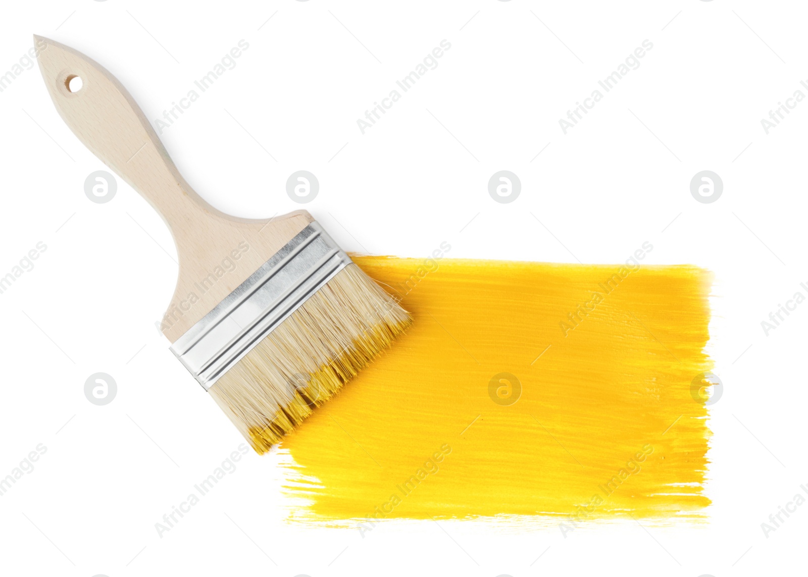 Photo of Paper sheet with paint stroke and brush on white background, flat lay