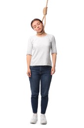 Photo of Depressed woman with rope noose on neck against white background