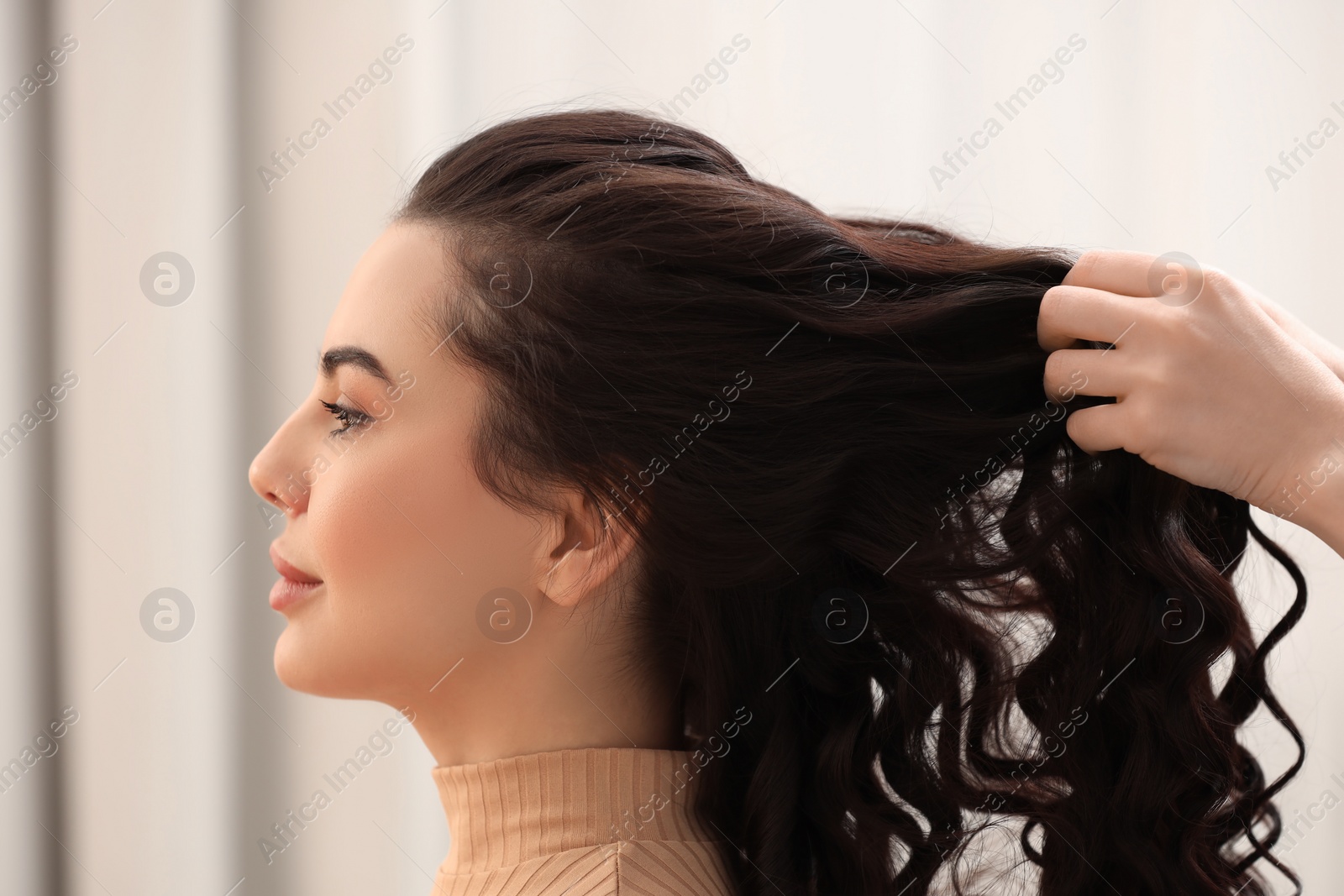 Photo of Hair styling. Professional hairdresser working with client indoors, closeup